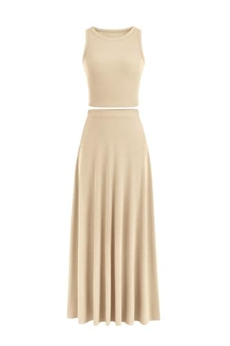 PRETTYGARDEN Women's Casual Summer Maxi Skirt Sets Cropped Knit Top Outfit