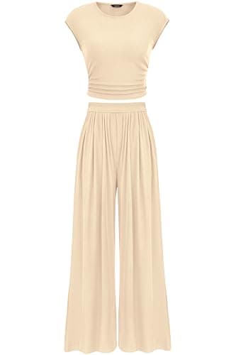PRETTYGARDEN Women's Summer 2-Piece Outfits Cap Sleeve Ruched T-Shirt Wide Leg Pant Set