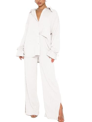 LYANER Women's Button Down Long Sleeve Shirt & Wide Leg Pants Set