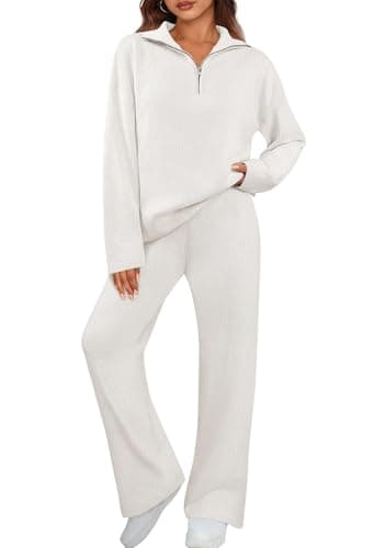 MEROKEETY Women's Long Sleeve Quarter Zip Knit Top & Wide Leg Pants Matching Set