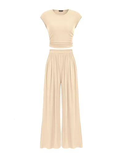 PRETTYGARDEN Women's Summer 2-Piece Outfits Cap Sleeve Ruched T-Shirt Wide Leg Pant Set
