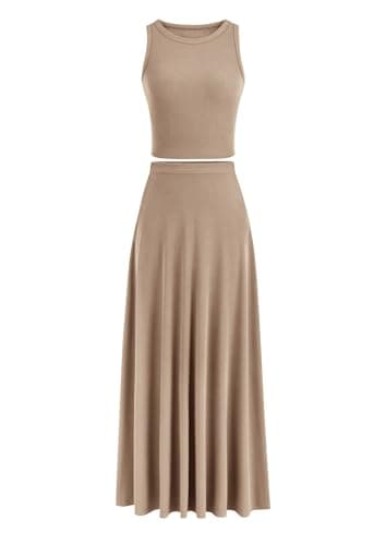 PRETTYGARDEN Women's Casual Summer Maxi Skirt Sets Cropped Knit Top Outfit