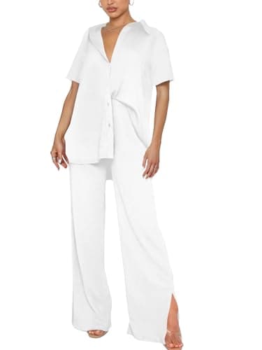 LYANER Women's Button Down Shirt & Wide Leg Pants Set