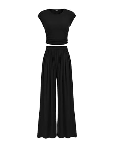 PRETTYGARDEN Women's Summer 2-Piece Outfits Cap Sleeve Ruched T-Shirt Wide Leg Pant Set