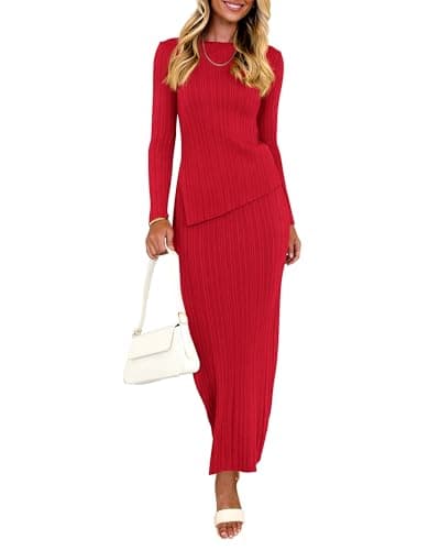 PRETTYGARDEN Women Long Sleeve Asymmetric Midi Knit Sweater Skirt Set