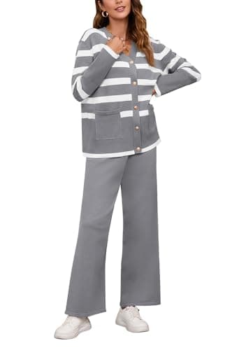 Viottiset Women's Stripe Sweatsuit Set: Long Sleeve Button Sweatshirt & Wide Leg Sweatpants