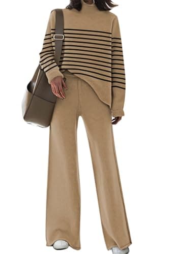 AOHITE Women's Long Sleeve Knit Sweater Top & Wide Leg Sweatpants Outfit Set