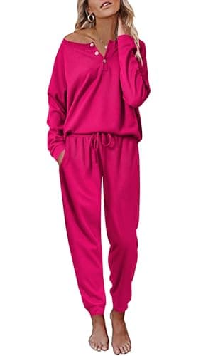 Ekouaer Women's Waffle Knit Pajama Set Long Sleeve S-XXLCasual Loungeewear