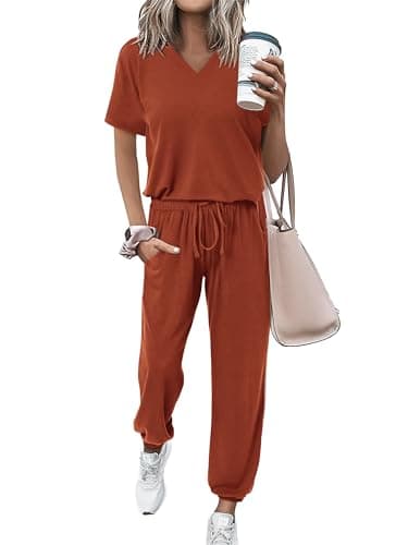 MASCOMODA Women's Summer V-NeckShort Sleeve Top & Long Pants Tracksuit