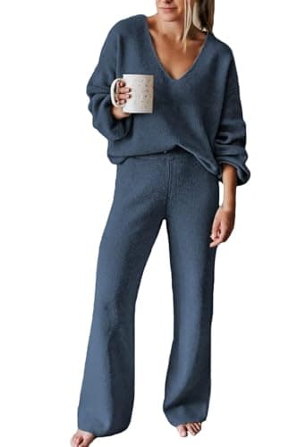 Fixmatti Women's 2-Piece Long Sleeve Knit Sweater Set Wideleg Pants Outfit