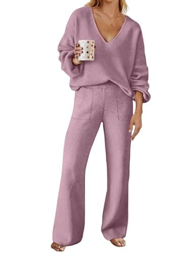 MEROKEETY Women's Long Sleeve Knit Top & Wide Leg Pant Lounge Set