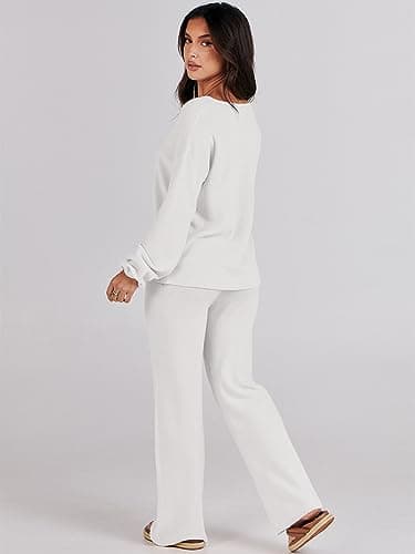 ANRABESS Women's Long Sleeve Cable Knit Outfit with Wide Leg Pants