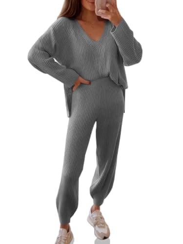 Tankaneo Women's Oversized V-Neck Sweater and Wide Leg Pants Loungewear Set