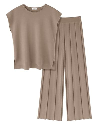 Ekouaer Women's Knit Cap Sleeve Tops & Wide Leg Pleated Pants Casual Sweater Sets