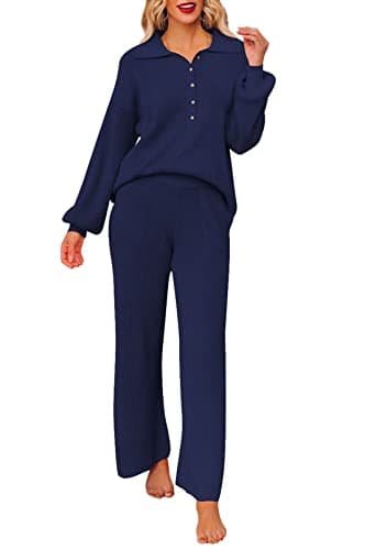 Pink Queen Women's Long Sleeve Button Knit Sweater Wide Leg Pants Outfit