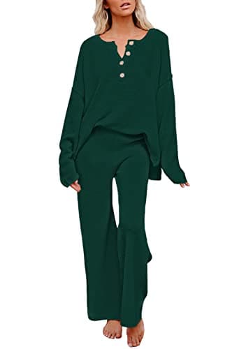 Pink Queen Women's Long Sleeve Button Sweater Top & Wide Leg Knit Pants Outfit Set