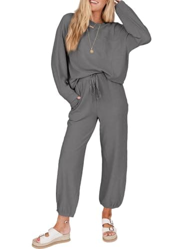 SHEWIN Women's Waffle Knit Lounge Sets Casual Long Sleeve Pullover Joggers