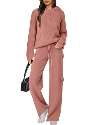 ANRABESS Women's Hooded Knit Sweater & Straight Leg Pants Fall Travel Outfit