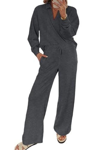 EVALESS Women V-Neck Sweatshirt & Wide Leg Sweatpants Lounge Set