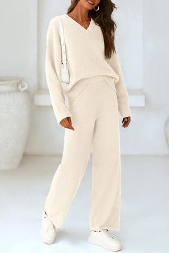 PRETTYGARDEN Women's Oversized V-Neck Sweater & Wide Leg Pants Fall Winter Set