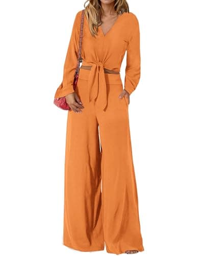PrettyGarden Women's 2025 Spring V Neck Crop Top & Wide Leg Palazzo Pants Outfit Sets