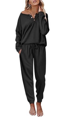 Ekouaer Women's Waffle Knit Pajama Set Long Sleeve S-XXLCasual Loungeewear
