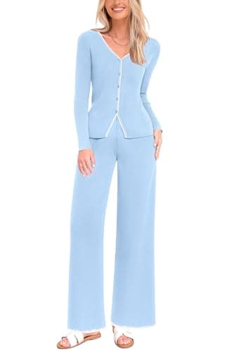 PrettyGarden Women's 2024 Winter Knit Lounge Sets Wide Leg Pants Buttons