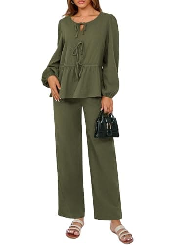 PRETTYGARDEN Women's Tie Front Long Sleeve Top & Wide Leg Pant Loungewear Set