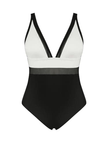 CUPSHE Women's Plus Size V-Neck Mesh Swimsuit with Tummy Control Adjusted Straps