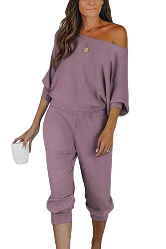 PRETTYGARDEN Women's Off-Shoulder Ribbed Tracksuit with Pockets
