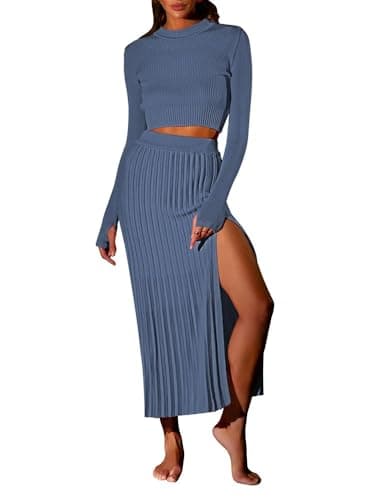 Pink Queen Women's 2-Piece Long Sleeve Crop Top & Ribbed Midi Skirt Knit Dress Set
