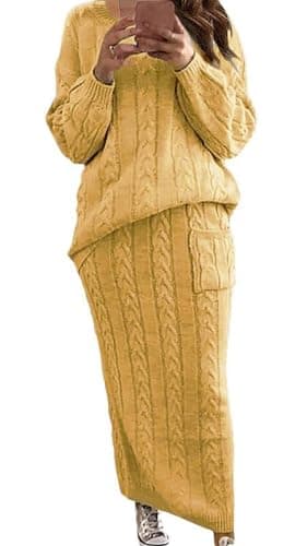 utcoco Women's Chunky Cable Knit Sweater Skirt Set