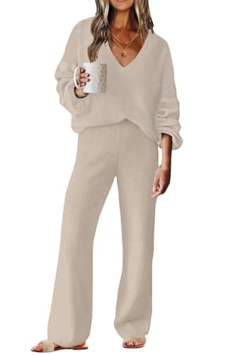 ETCYY New Women's Sweater Lounge Set Casual V-Neck Long Sleeve Top Wide Leg Pants
