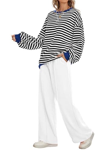Kikibell Women's Striped Color Block Sweatshirt & Wide Leg Pants Trendy Tracksuit