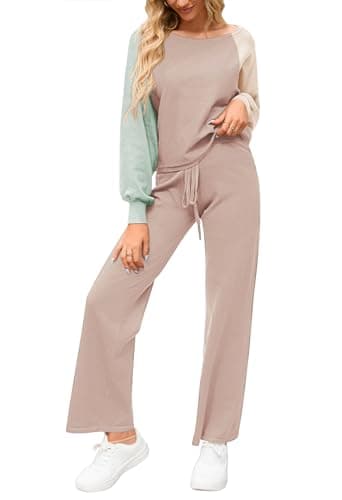 Meenew Women's Long Sleeve Knit Sweater & Wide Leg Pants Loungewear Set