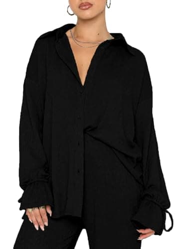 LYANER Women's Button Down Long Sleeve Shirt & Wide Leg Pants Set
