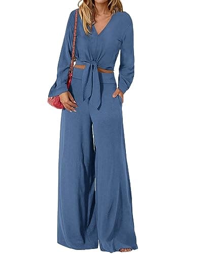 PrettyGarden Women's 2025 Spring V Neck Crop Top & Wide Leg Palazzo Pants Outfit Sets