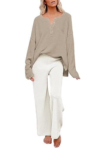 Pink Queen Women's Long Sleeve Button Sweater Top & Wide Leg Knit Pants Outfit Set