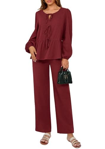 PRETTYGARDEN Women's Tie Front Long Sleeve Top & Wide Leg Pant Loungewear Set