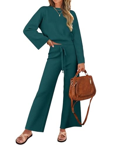 ZESICA Women's Casual Long Sleeve Knit Top & Wide Leg Pants Sweatsuit Set