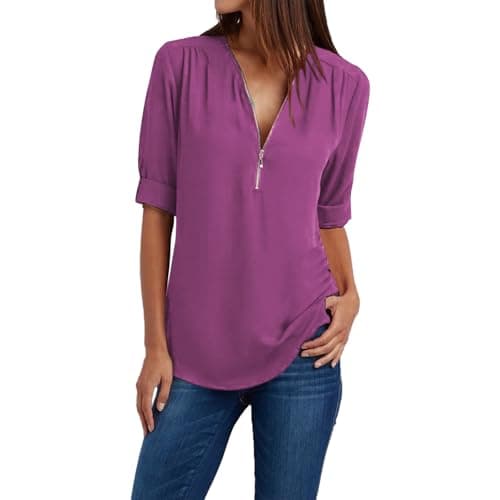 Trendy Plus Size Zip Front 3/4 Sleeve V Neck Summer Tops