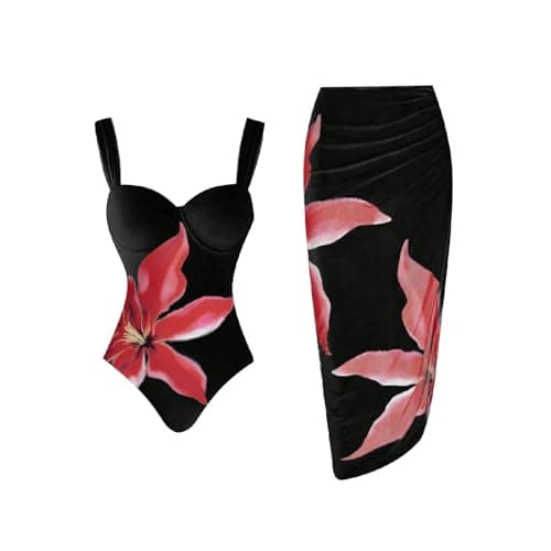 Cethrio Plus Size Vintage Printed Bodystyle Swimwear with Sarong Wrap Skirt