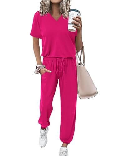 MASCOMODA Women's Summer V-NeckShort Sleeve Top & Long Pants Tracksuit