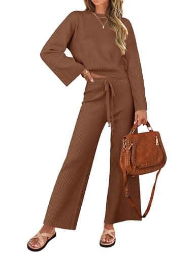 ZESICA Women's Casual Long Sleeve Knit Top & Wide Leg Pants Sweatsuit Set