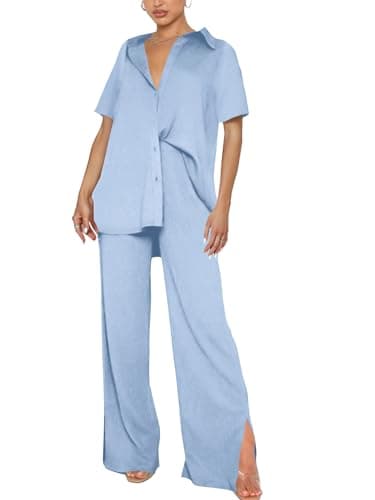 LYANER Women's Button Down Shirt & Wide Leg Pants Set