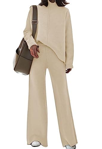 High Neck Knitted Sweater and Wide Leg Pant Set for Women