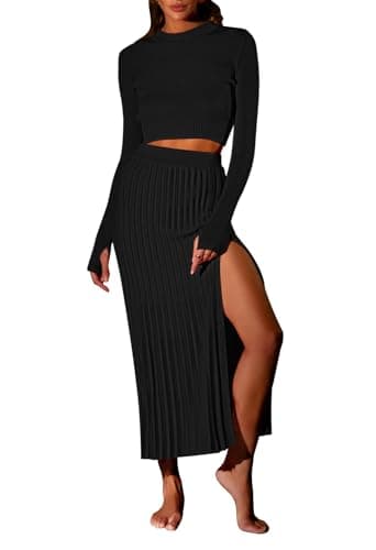 Pink Queen Women's 2-Piece Long Sleeve Crop Top & Ribbed Midi Skirt Knit Dress Set