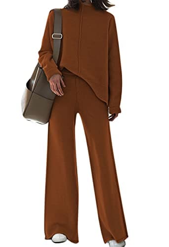 High Neck Knitted Sweater and Wide Leg Pant Set for Women