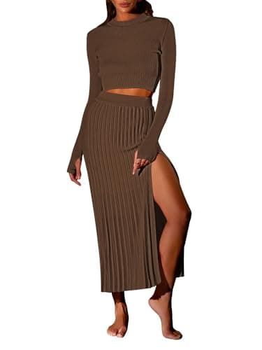 Pink Queen Women's 2-Piece Long Sleeve Crop Top & Ribbed Midi Skirt Knit Dress Set
