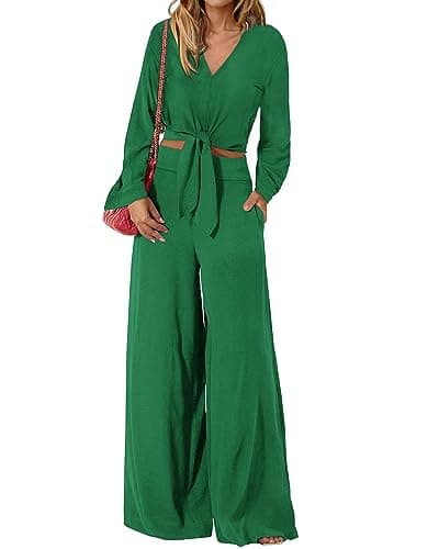 PrettyGarden Women's 2025 Spring V Neck Crop Top & Wide Leg Palazzo Pants Outfit Sets